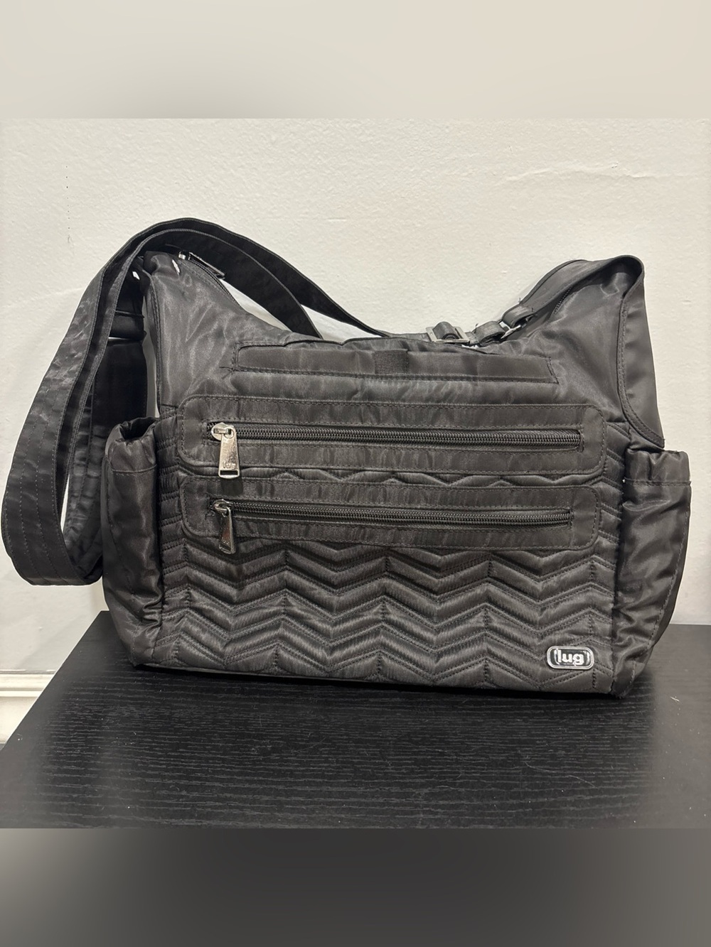 lug Quilted Chevron Messenger Bag - Black camper crossbody travel purse